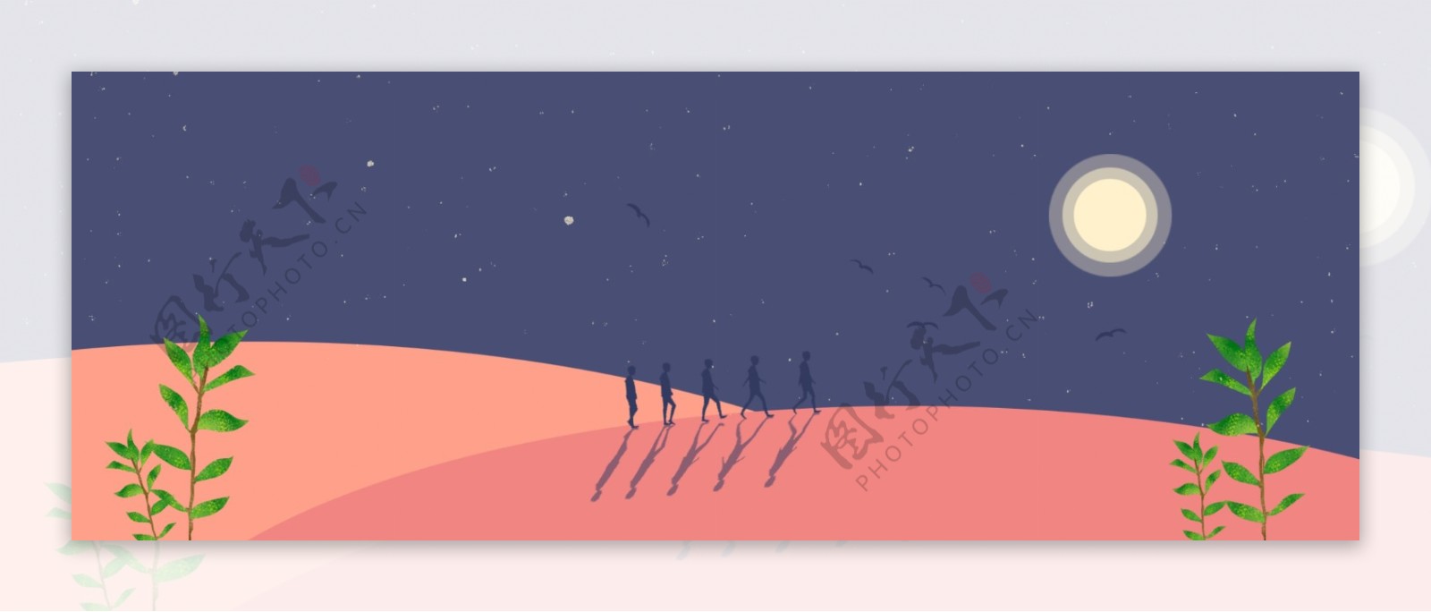 夜色月亮队伍沙漠荒漠探险户外夜晚背景