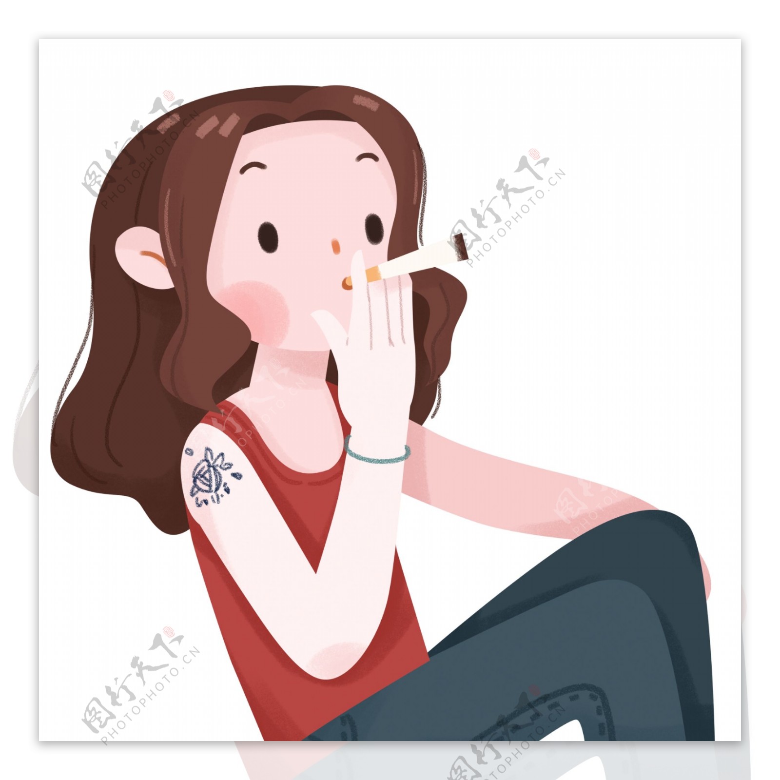 手绘吸烟的女孩插画设计
