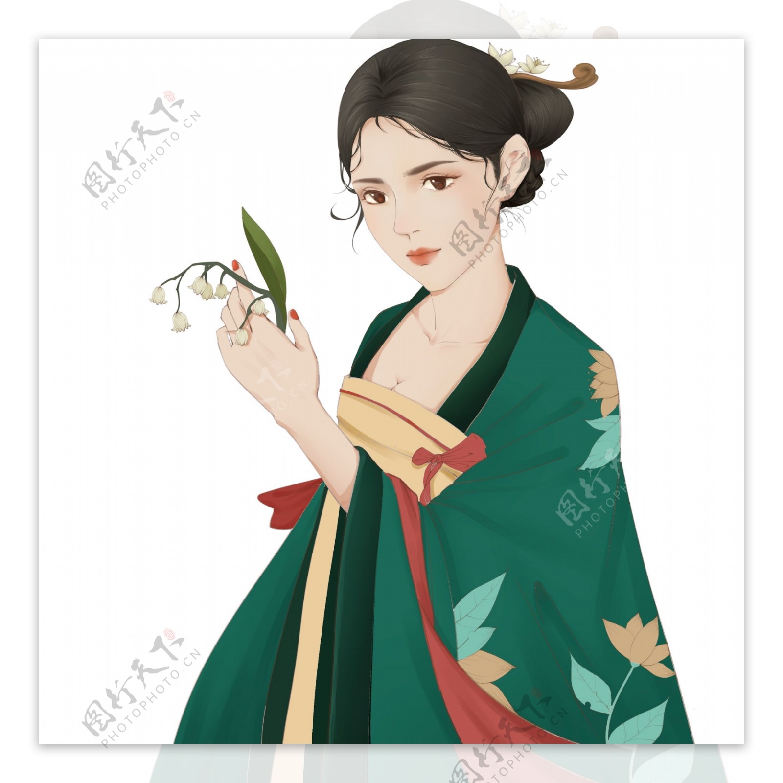 中国风手绘拿着花的女人