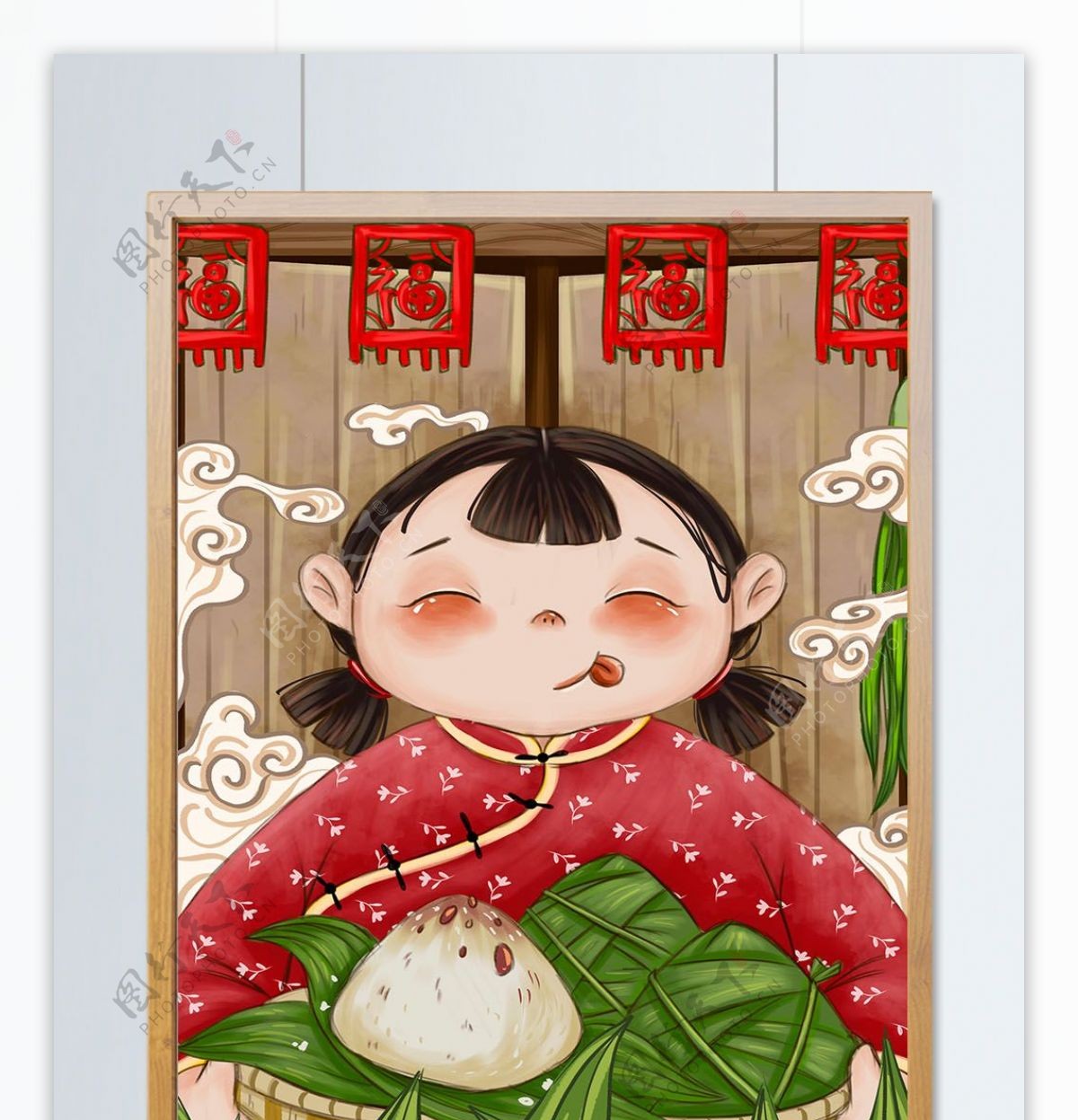 端午节吃粽子中国风插画