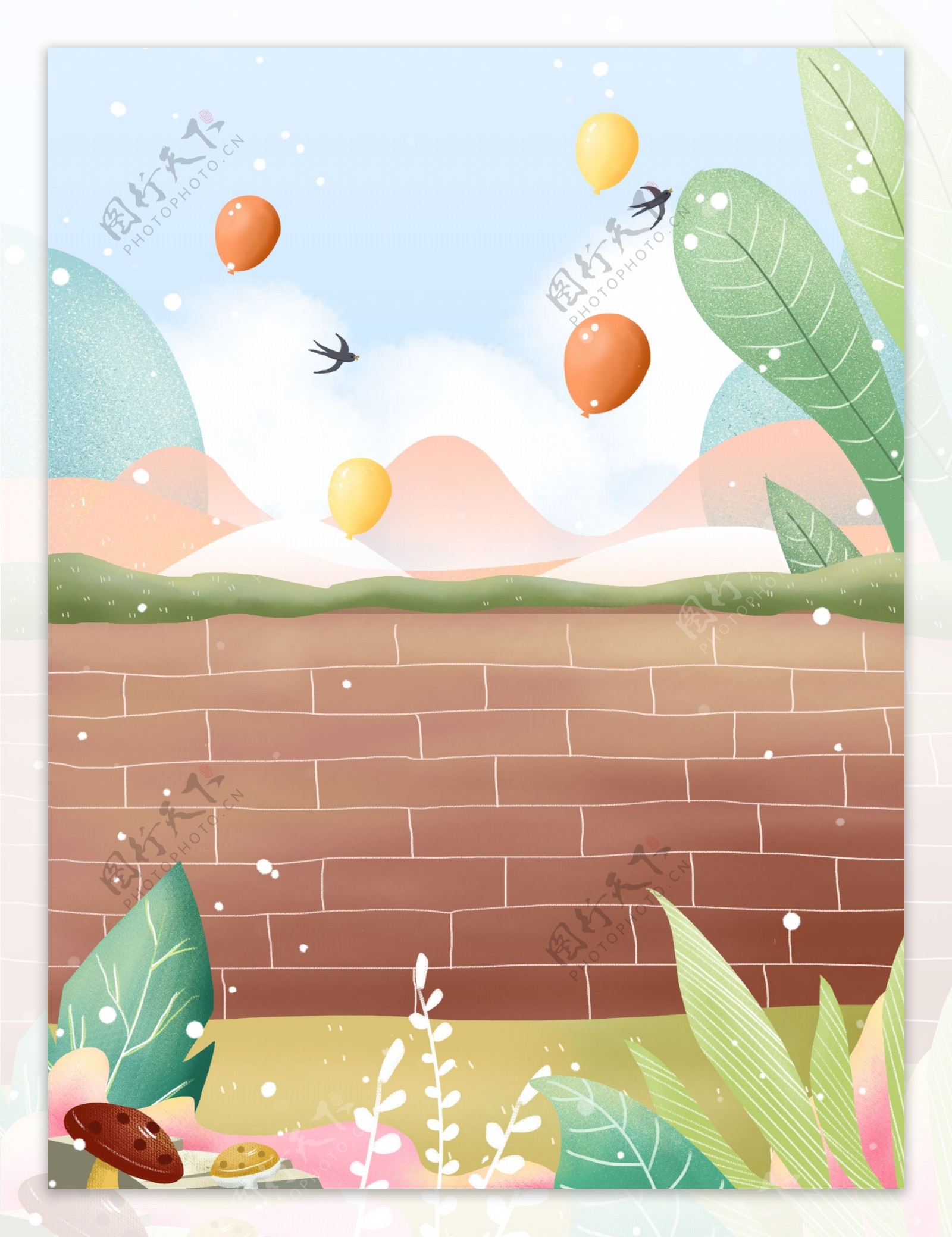 彩绘夏季气球花丛背景素材
