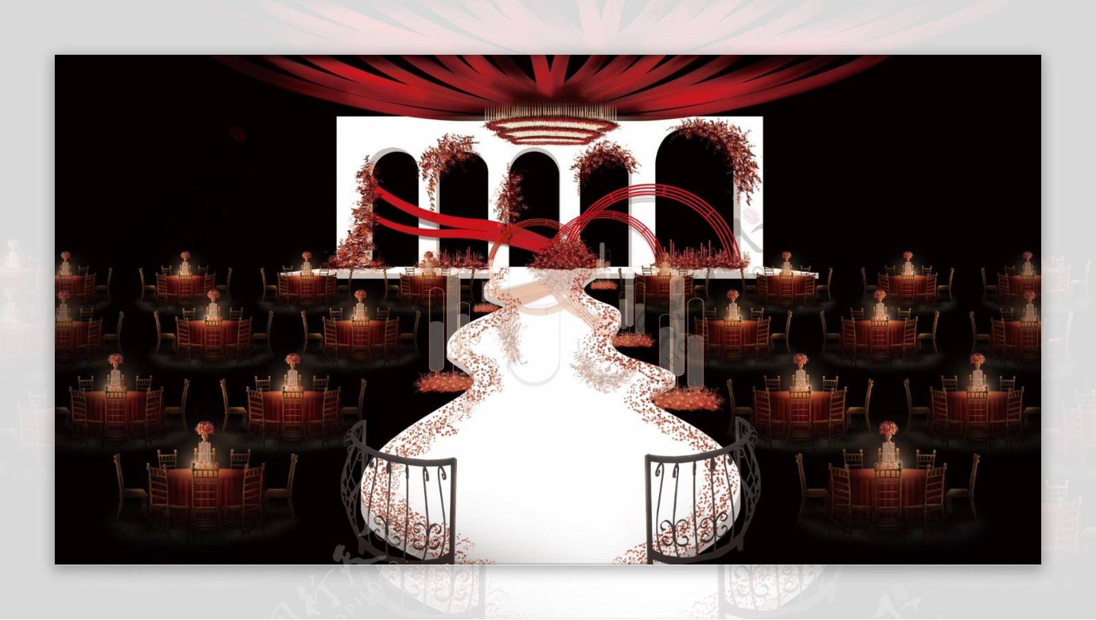 白红色简约欧式线条造型婚礼厅内效果图