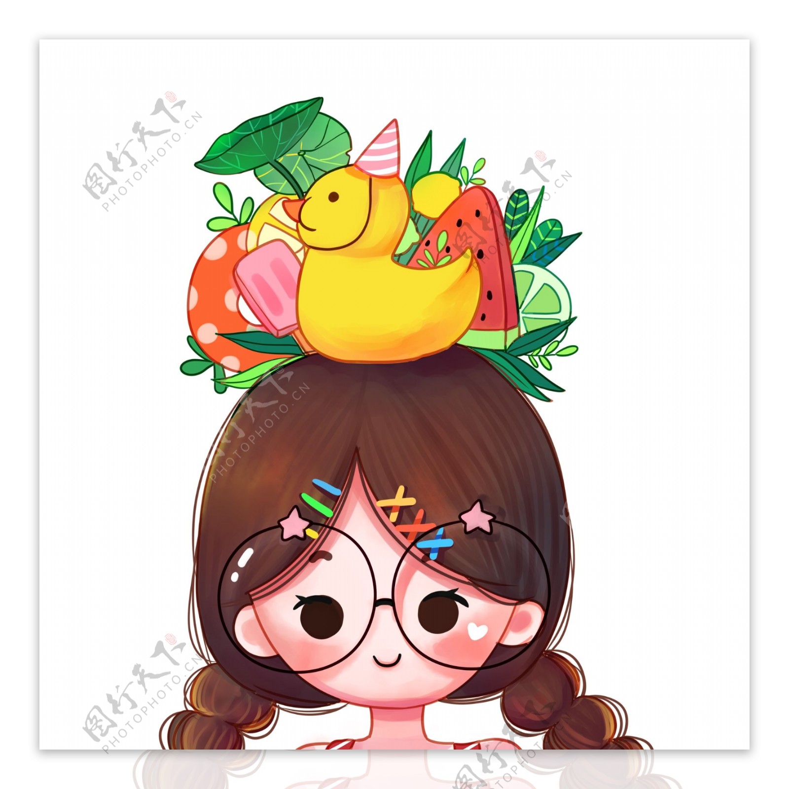 头顶水果蔬菜的眼镜女孩图案元素