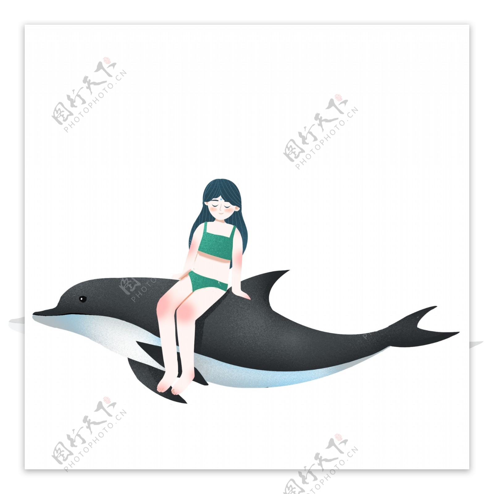 坐在海豚上的女孩图案元素