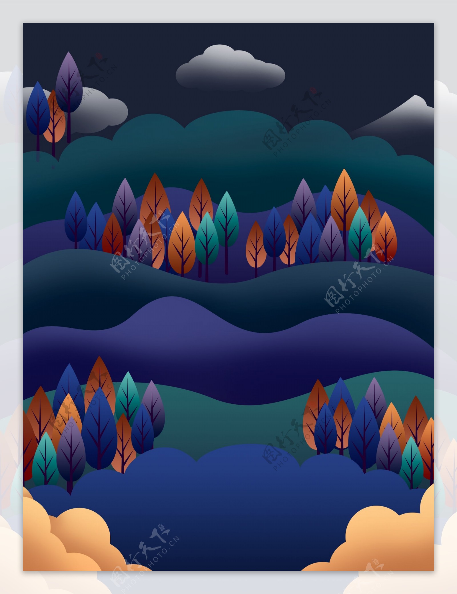 彩色山头树林背景设计