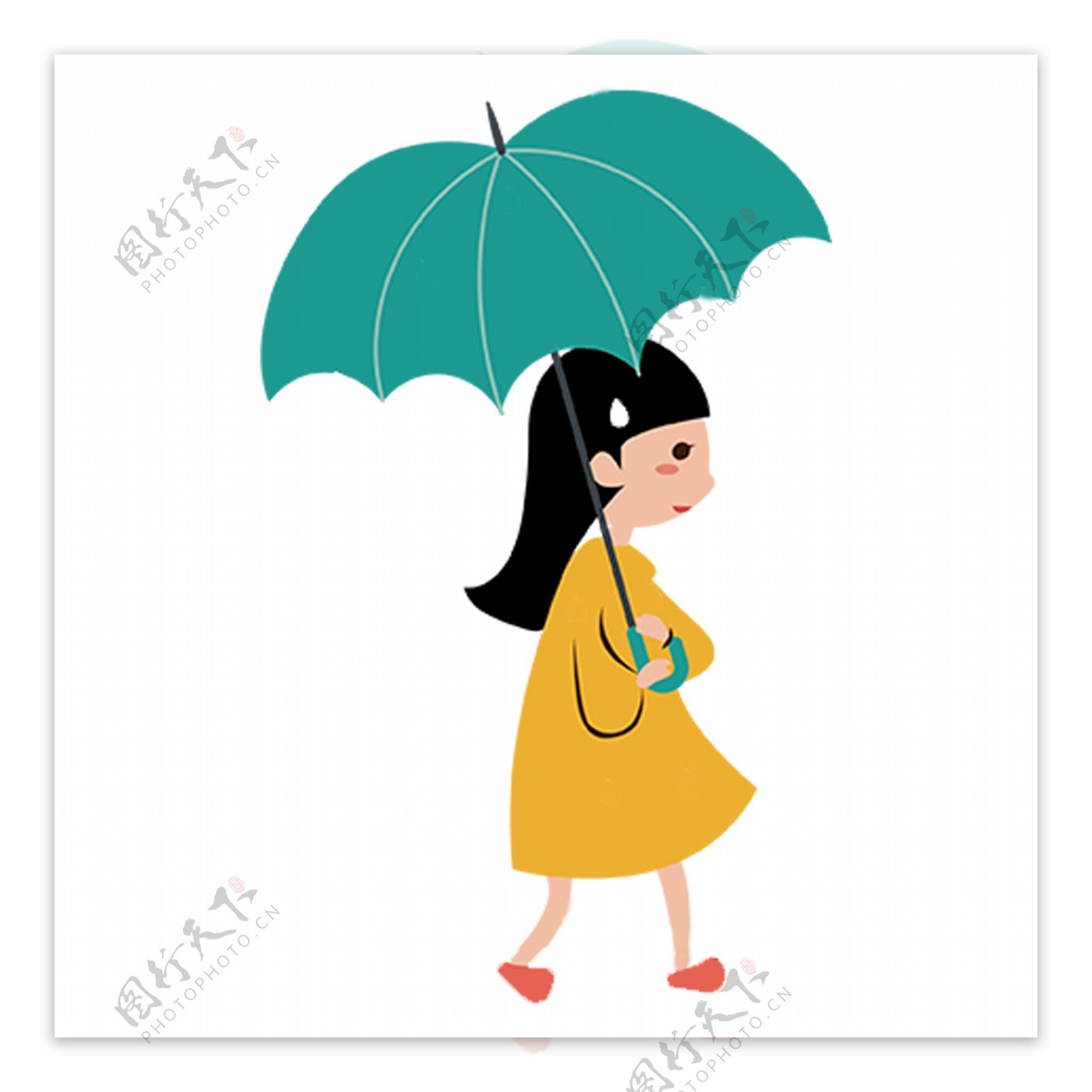 手绘撑着绿色雨伞的女孩元素