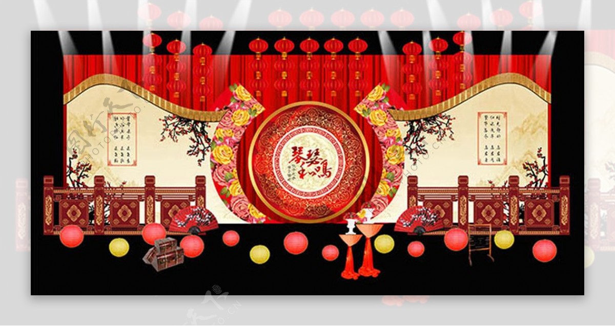 中国风中式婚礼舞台设计效果图