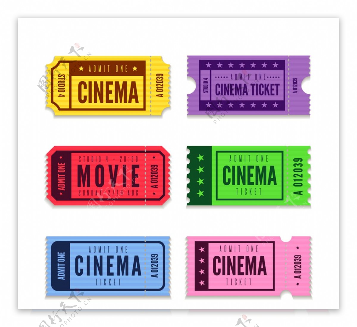 6款彩色电影票设计矢量素材