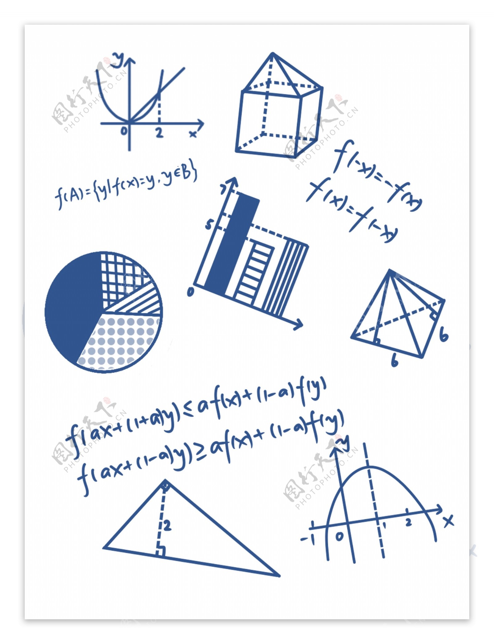 手绘数学元素公式饼图柱状图函数立体几何