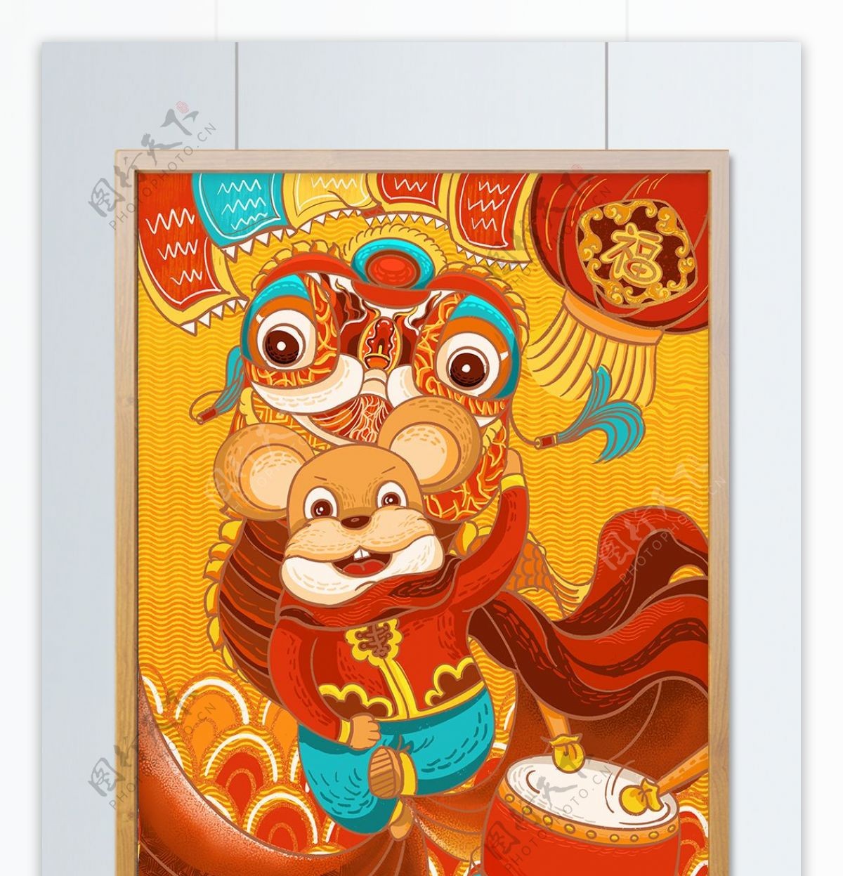 鼠年2020年卡通老鼠舞狮插画中国风喜庆