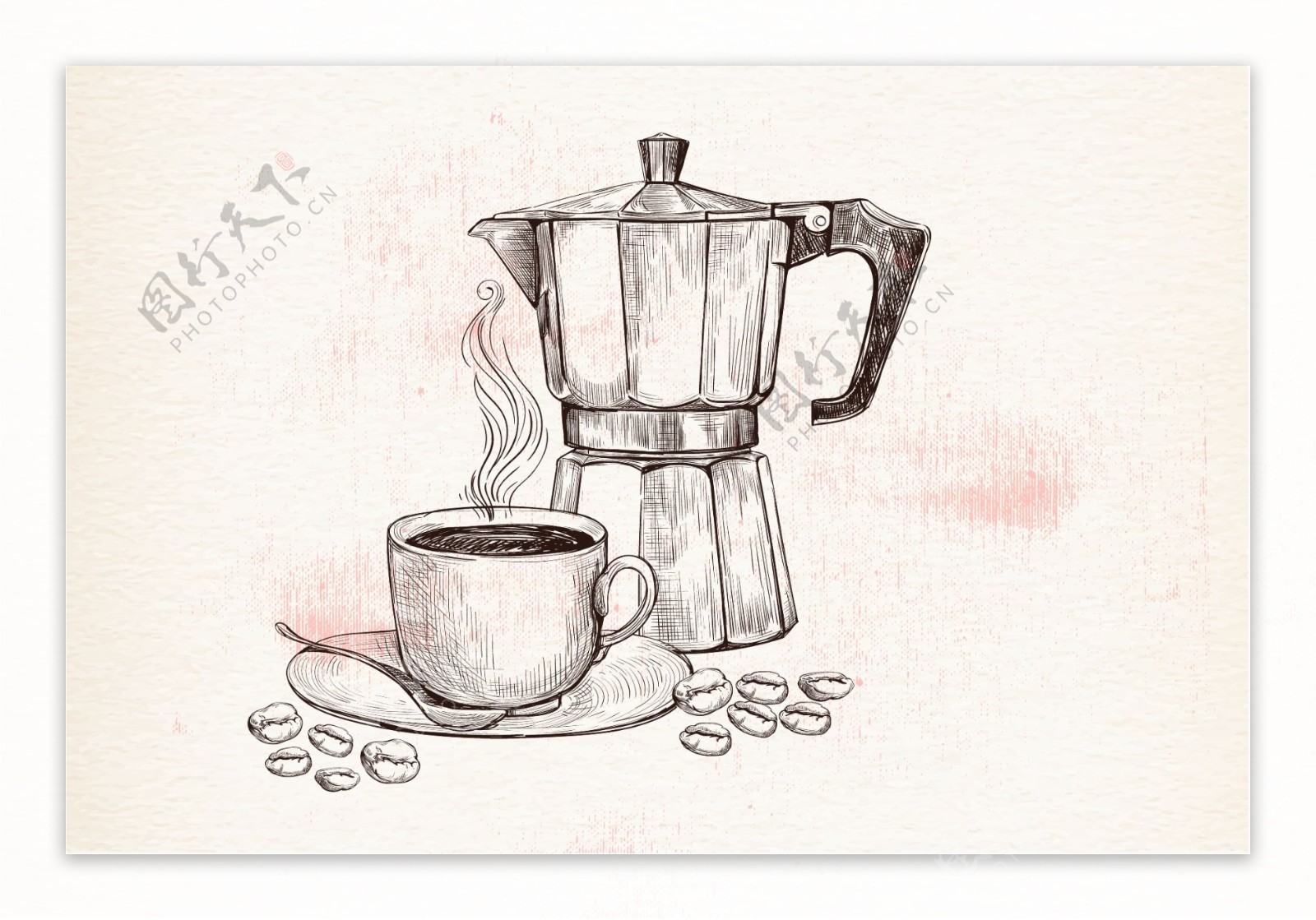手绘水壶咖啡杯插画