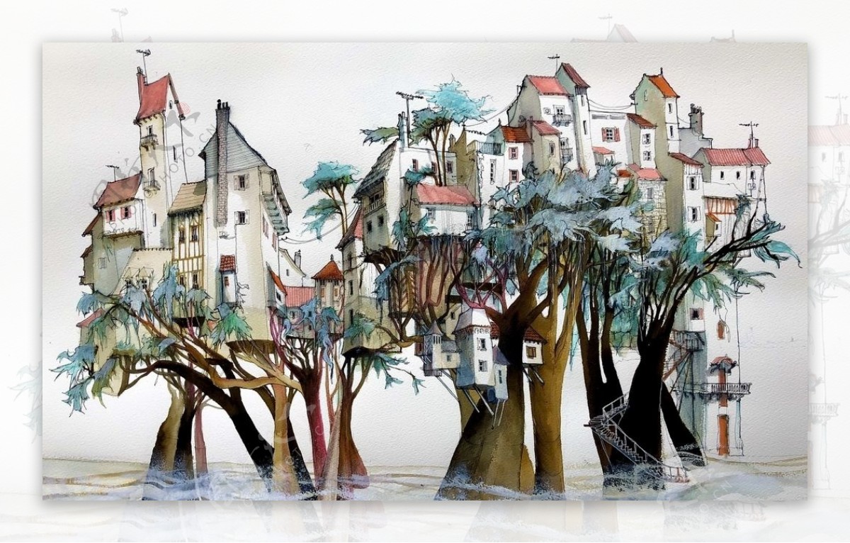 彩色插画房屋建筑树木