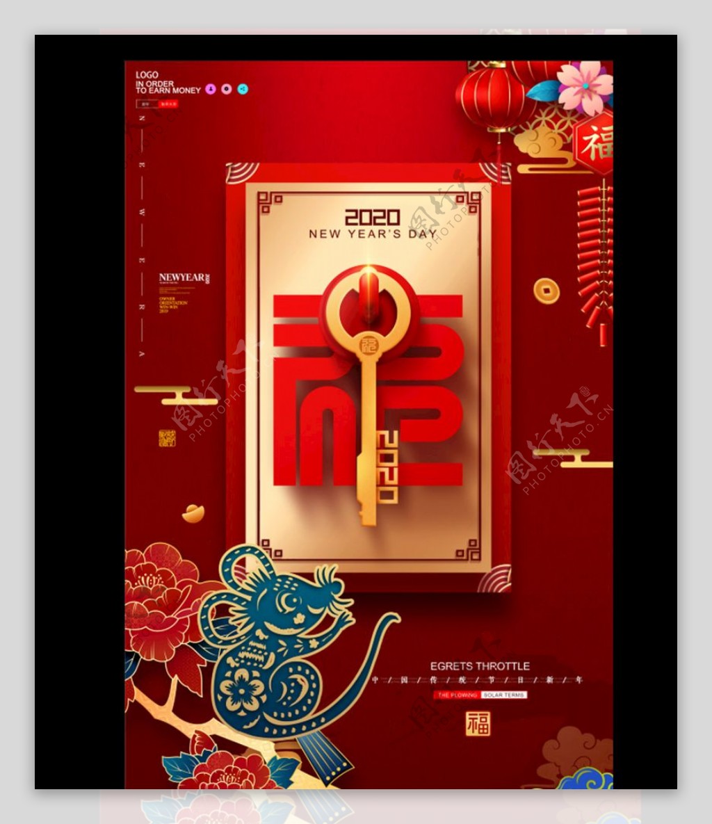 红色大气2020鼠年福海报设计