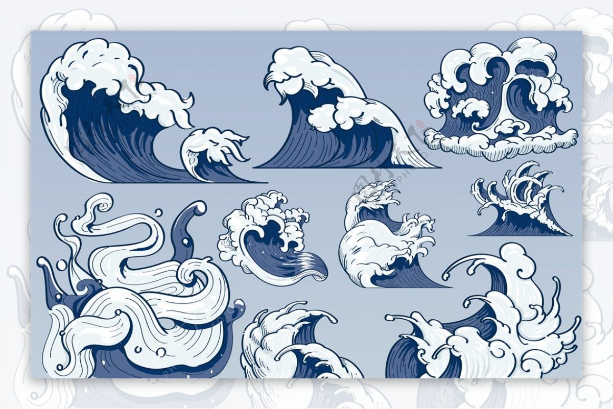 手绘日式海浪素材
