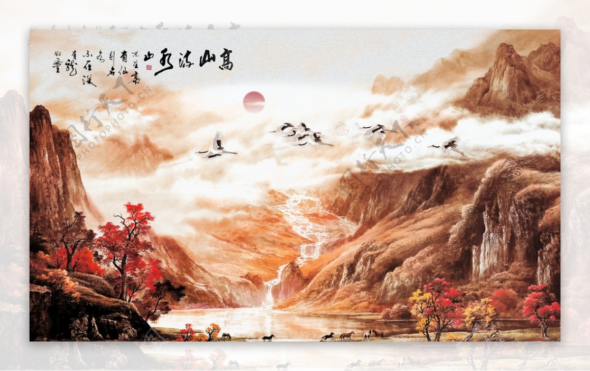 中式意境高山流水飞鹤背景墙