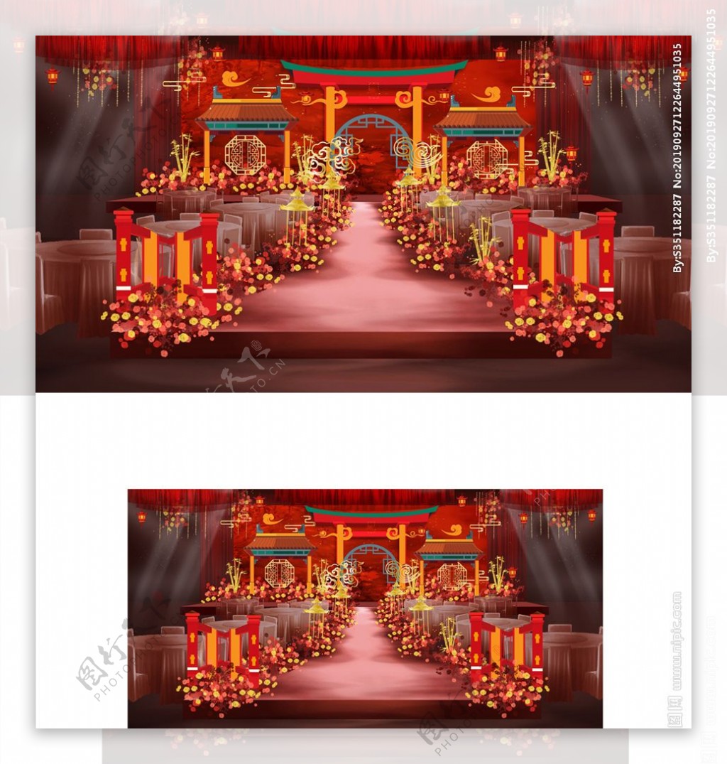 红色中式婚礼舞台效果图