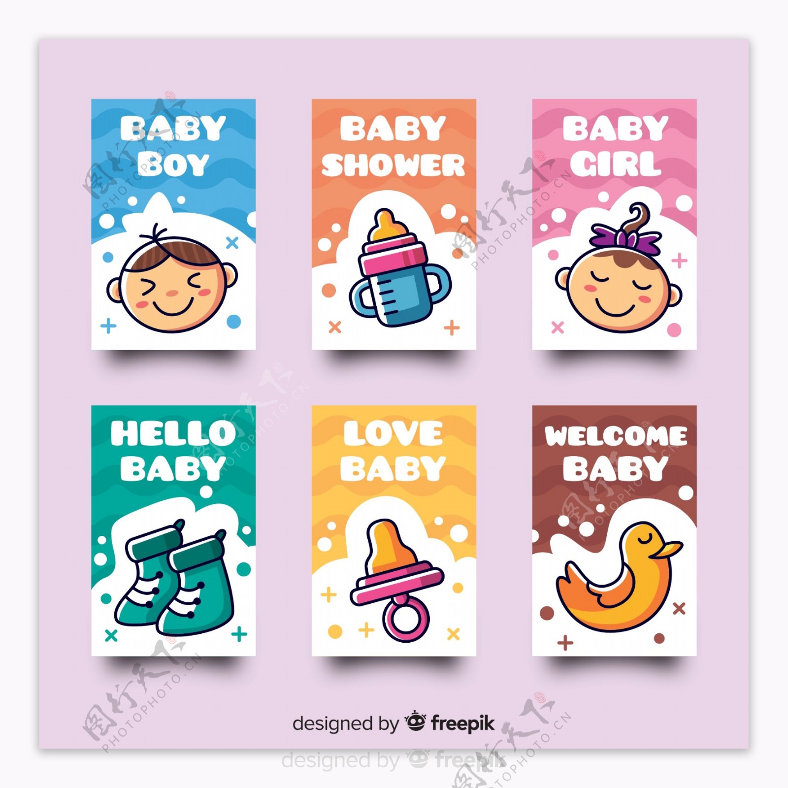 6款可爱迎婴派对卡片矢量素材
