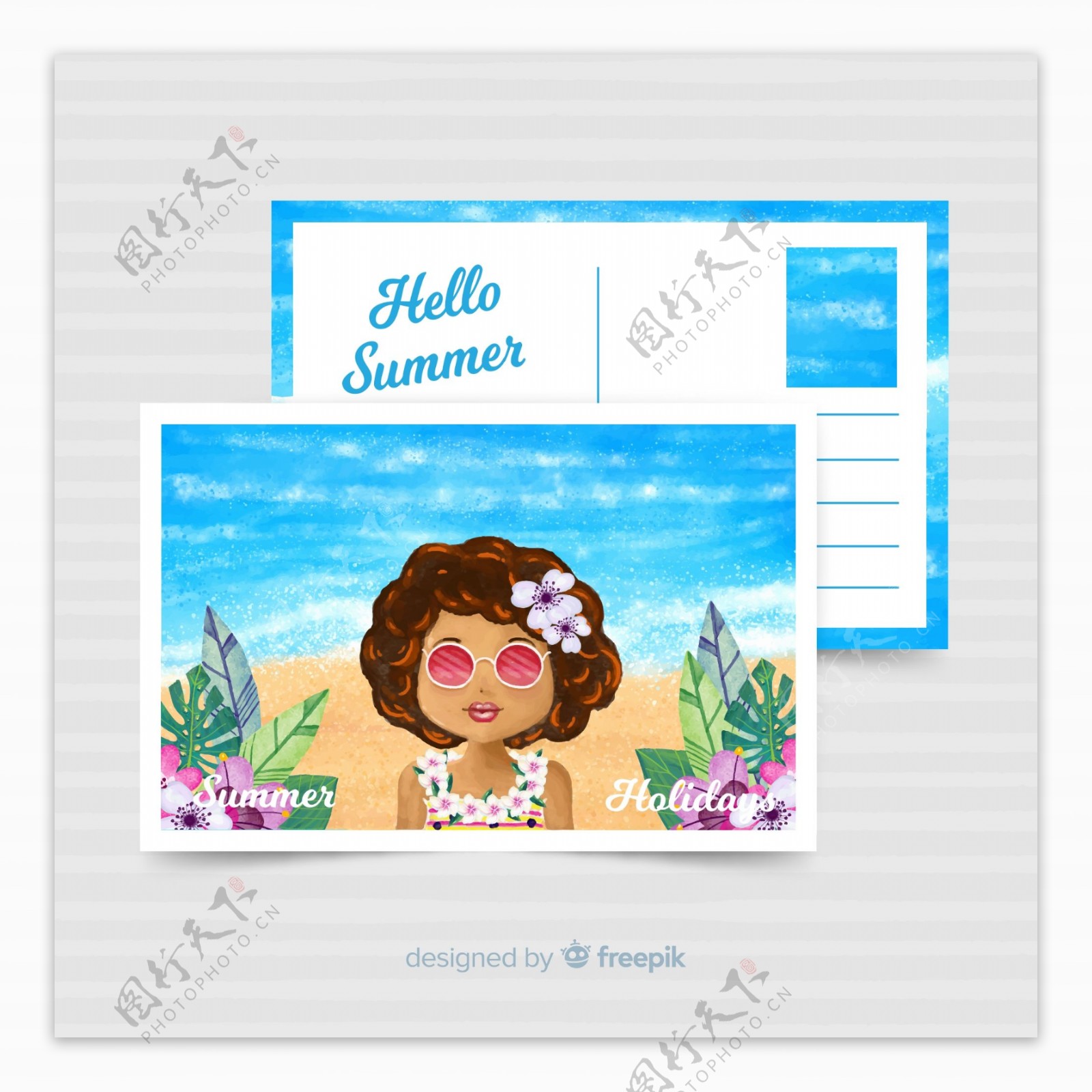 创意海边度假女子明信片