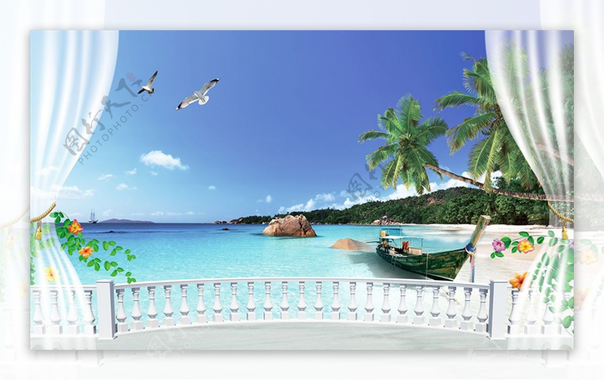 3D阳台海滩椰树背景墙