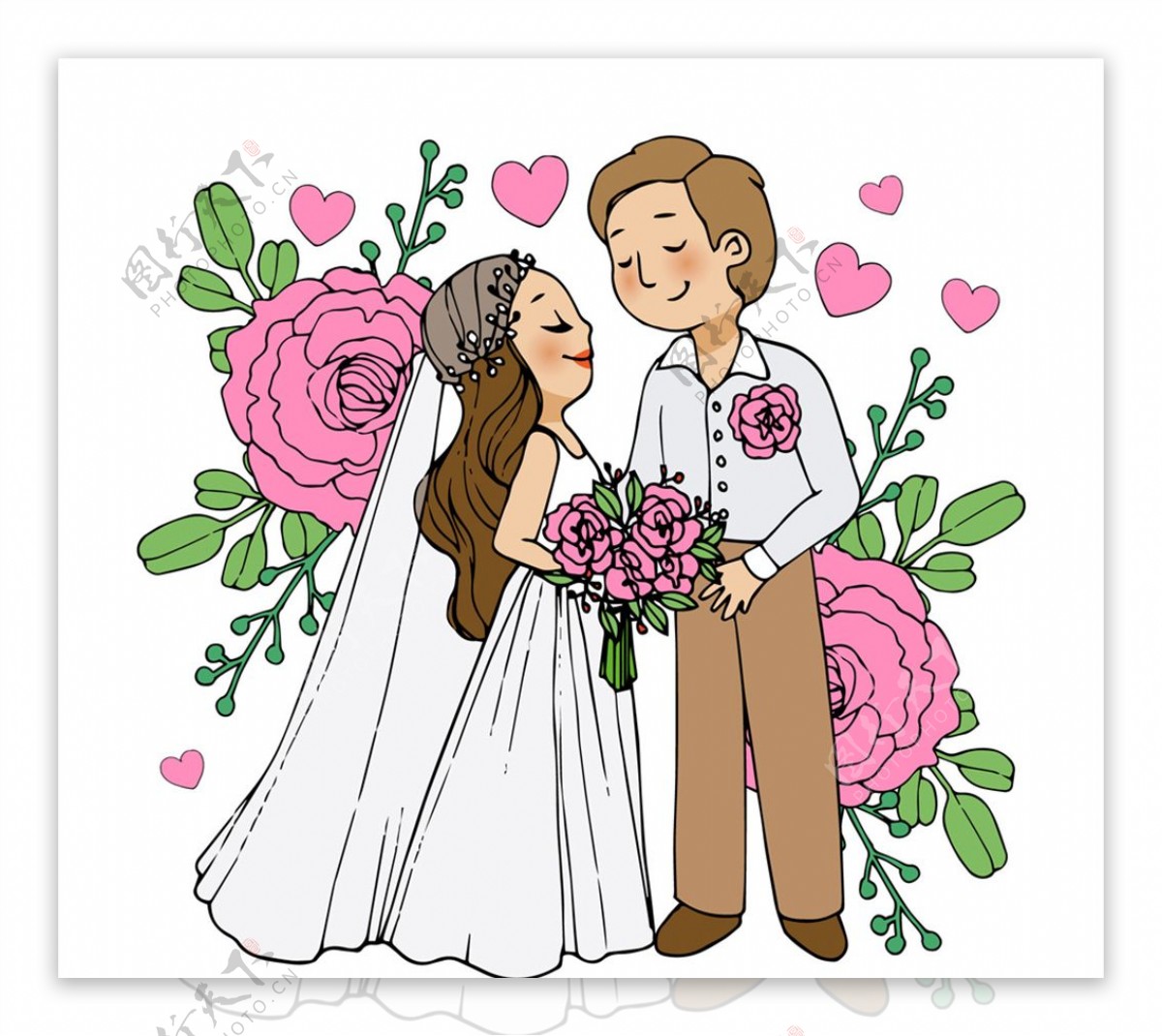 创意婚礼新人和粉玫瑰