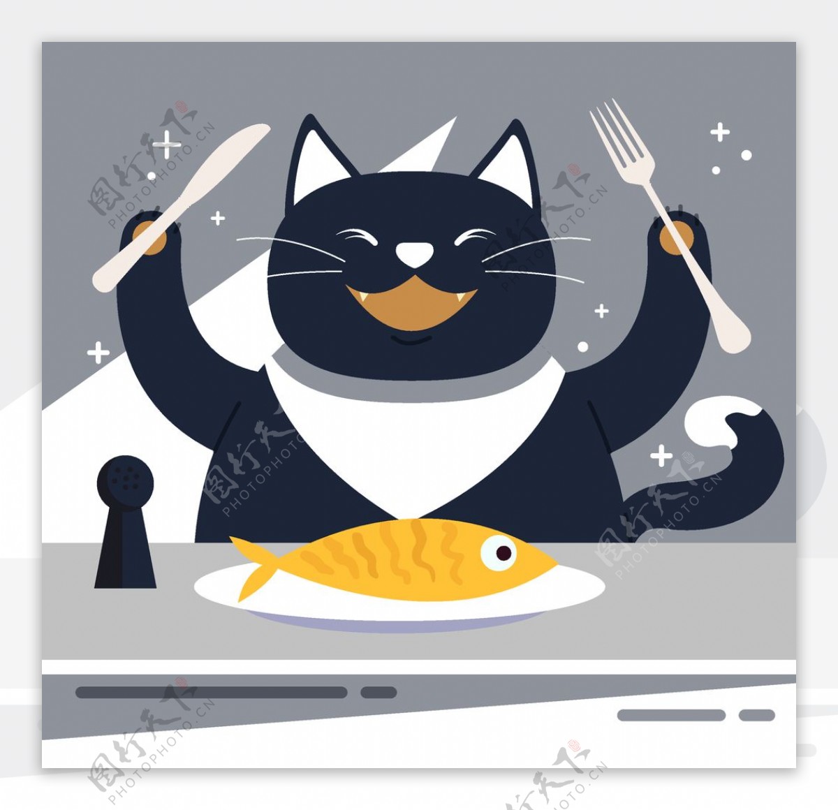 创意开心进餐的黑猫