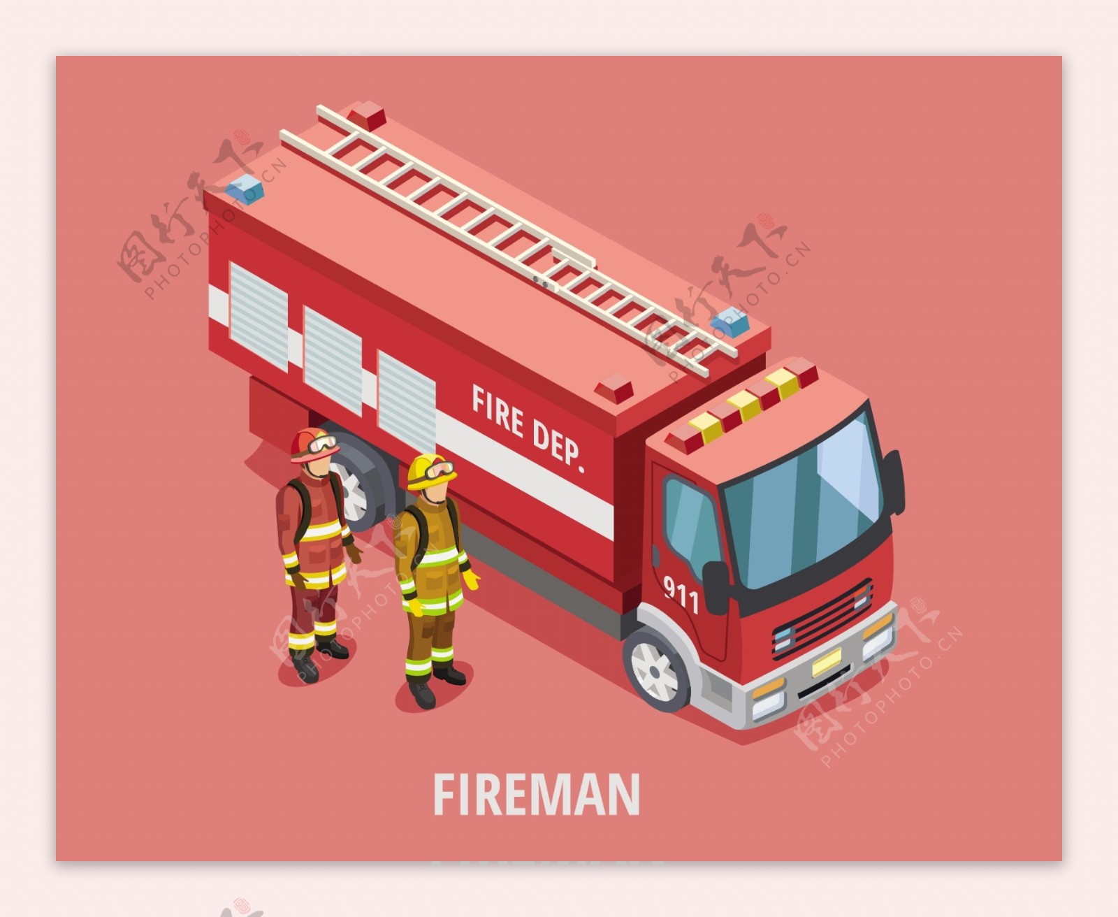消防车消防员立体平面图