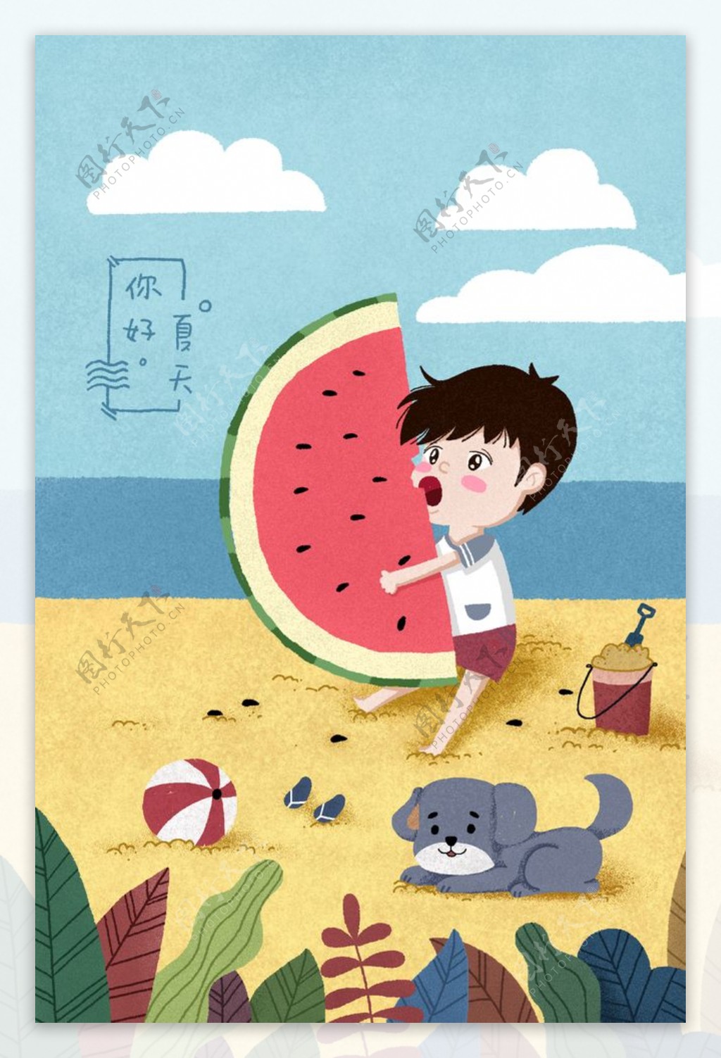 海边沙滩抱西瓜的男孩插画