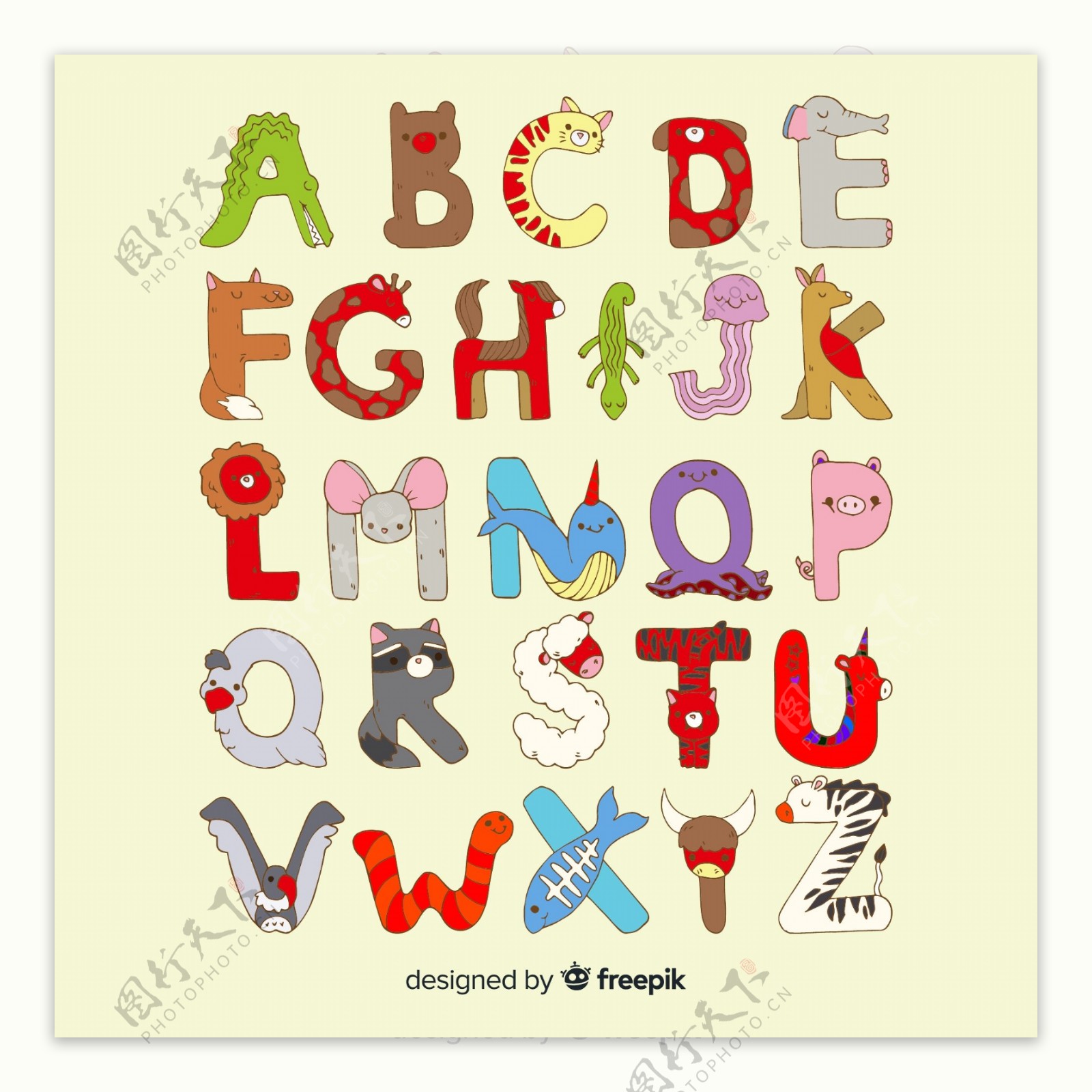 26个彩色动物字母艺术字