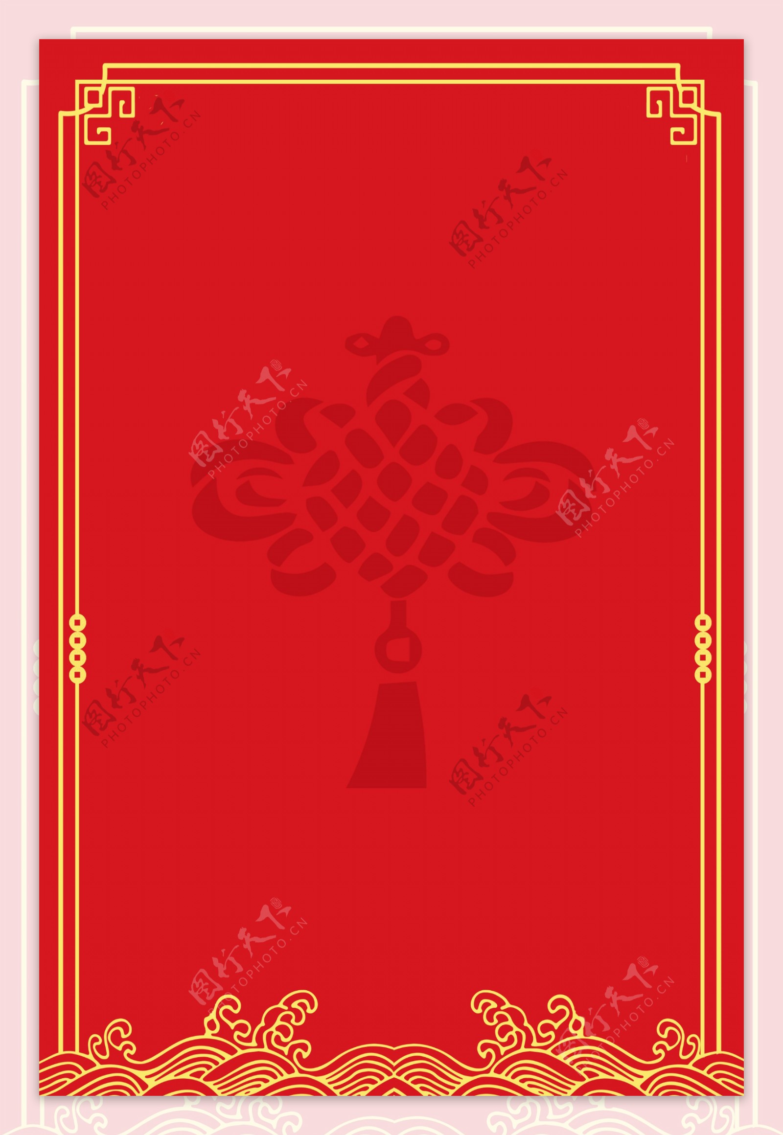 红色古风中国结波纹边框背景素材