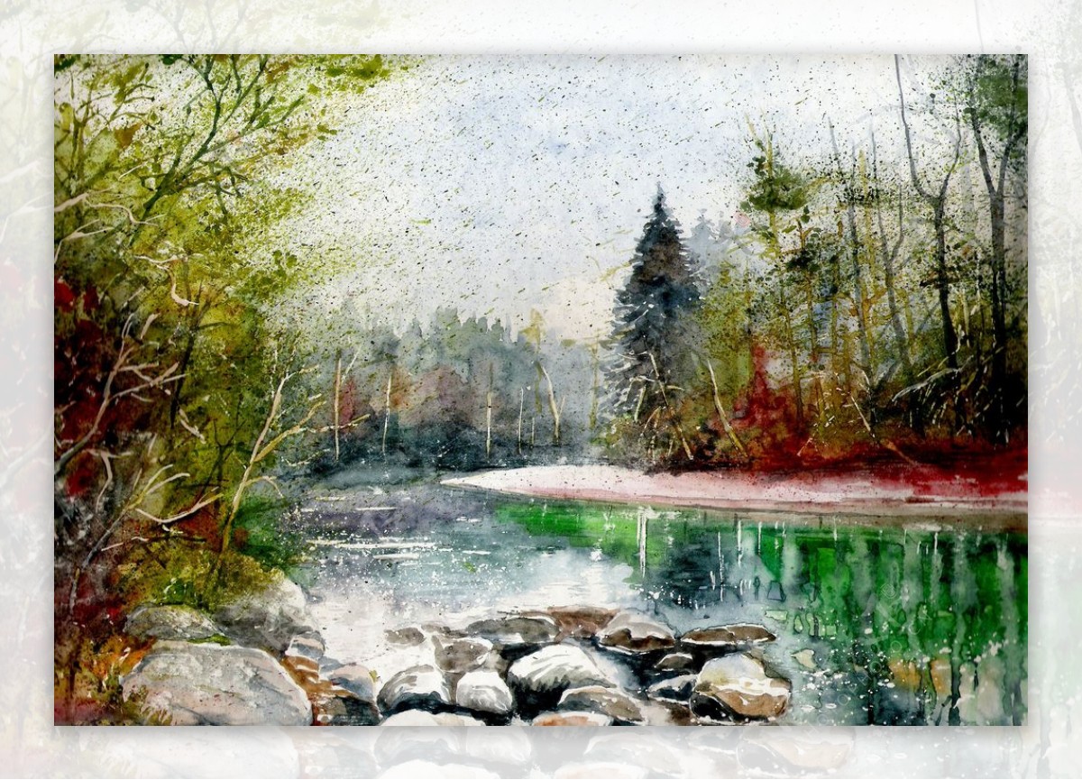 冬季树林街道风景油画