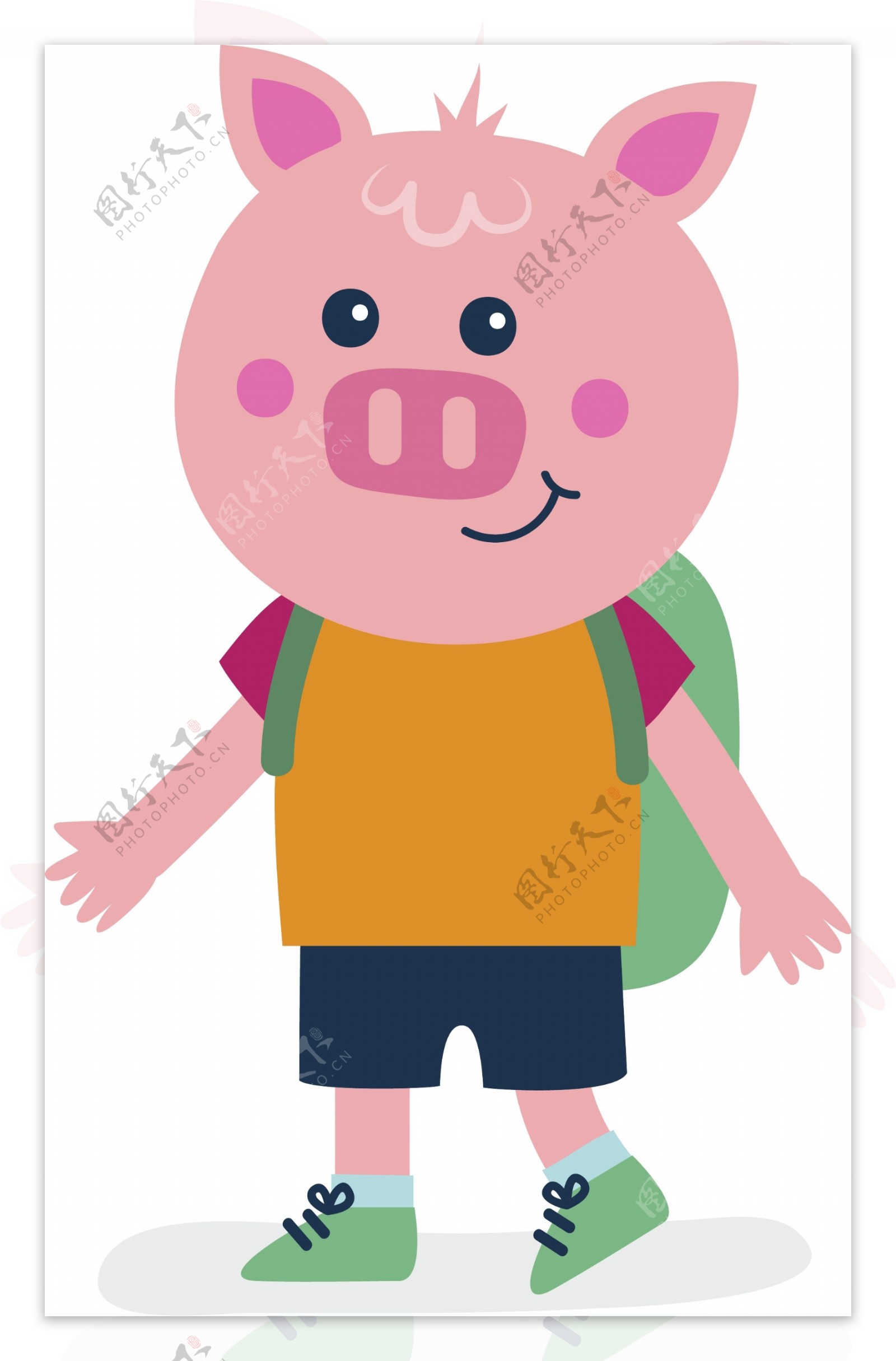 可爱卡通动物小猪背书包上学矢量