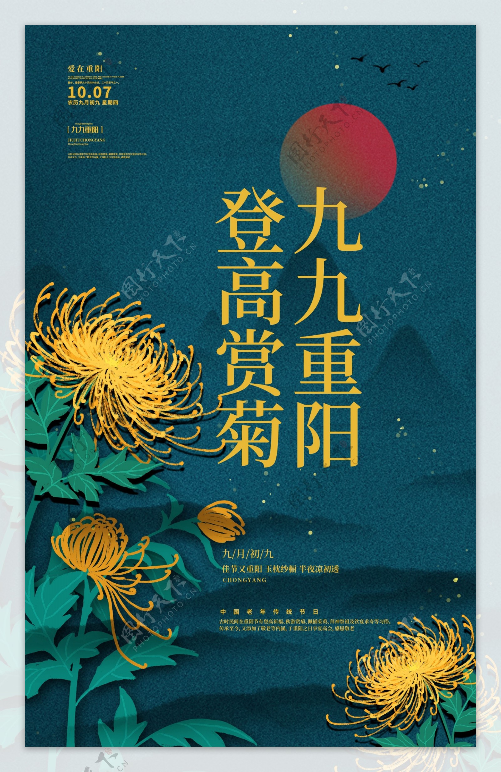 高简分层中国风重阳节菊花海报