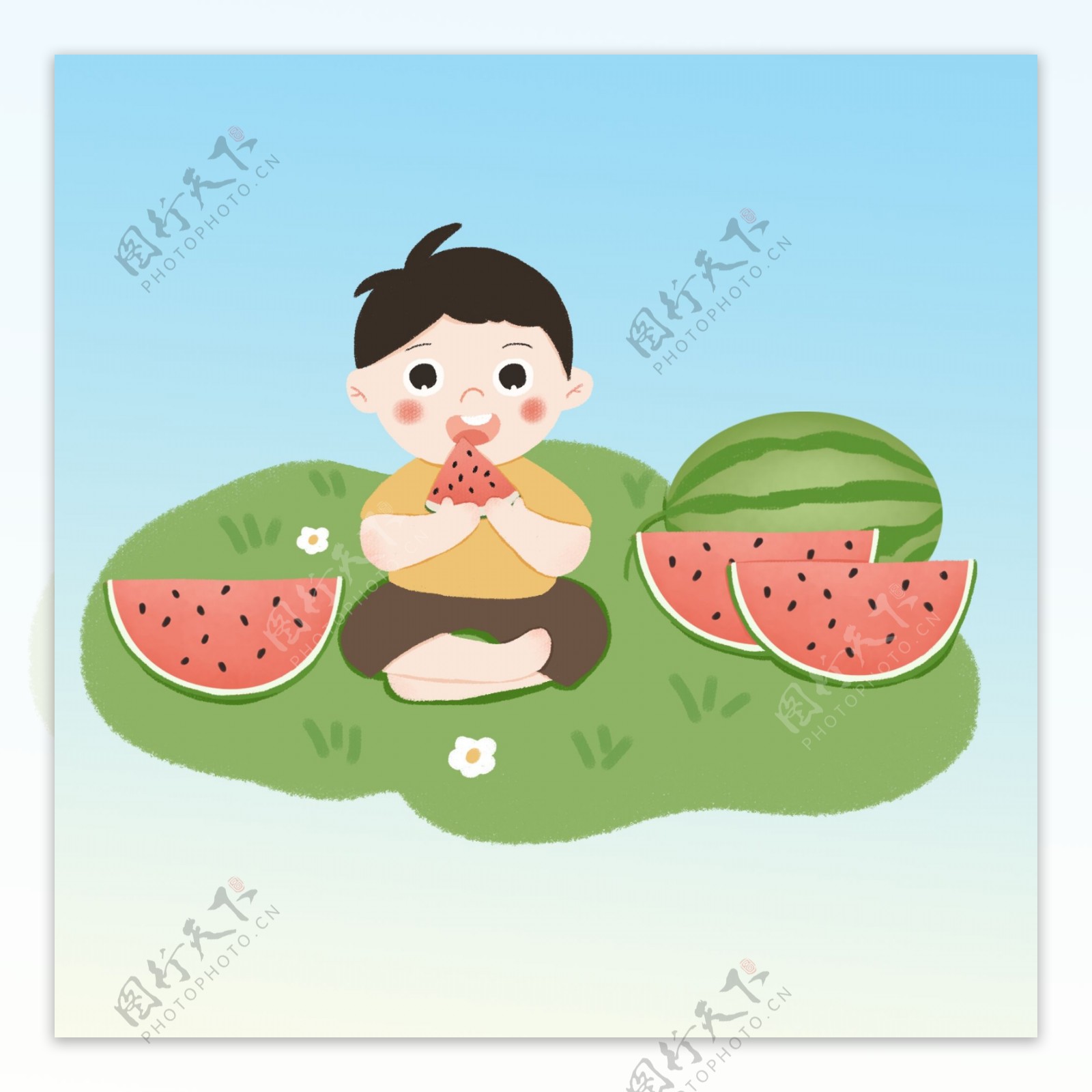 清新夏天夏季立夏在草地上吃西瓜