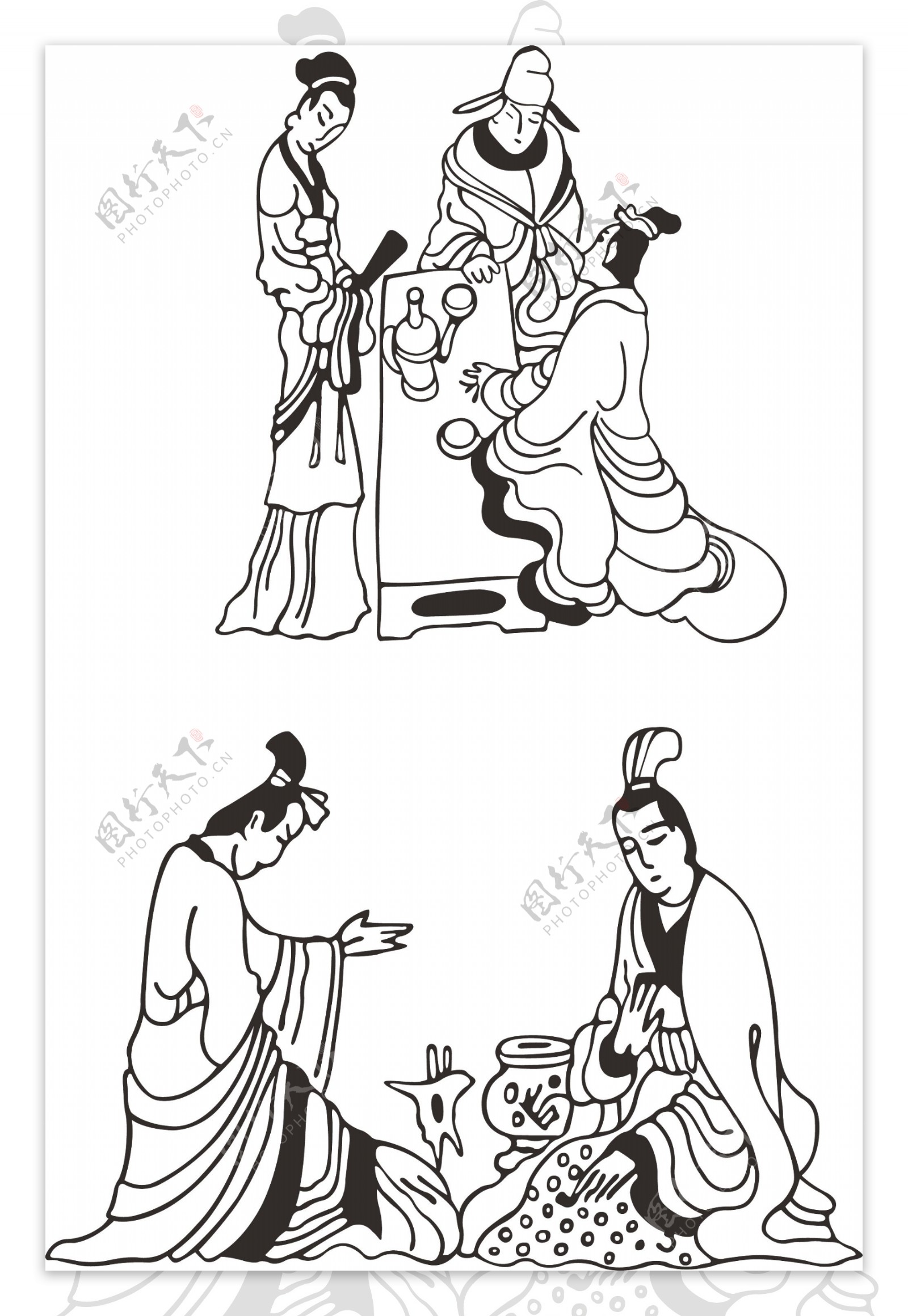 古代线描喝酒品酒中国风传统文化
