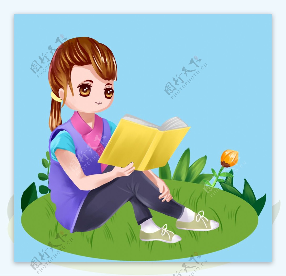 手绘坐在草地看书的女孩素材