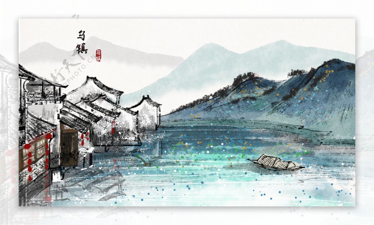 乌镇景点古风插画卡通背景