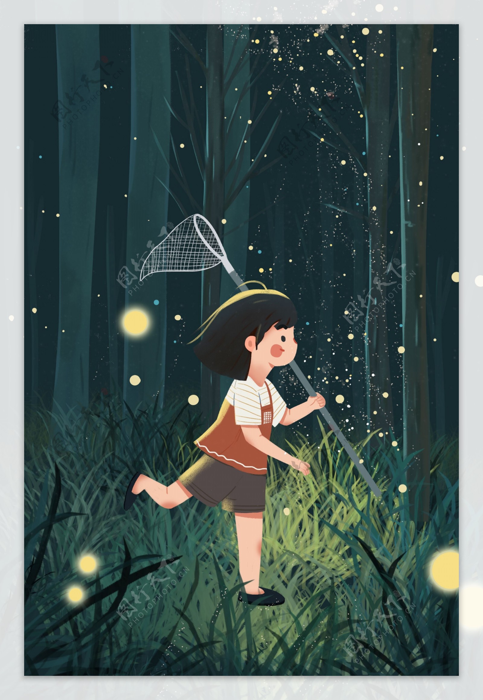 森林探险少女人物插画卡通素材