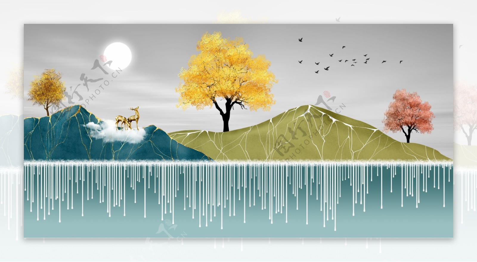 新中式手绘金色麋鹿山水装饰画