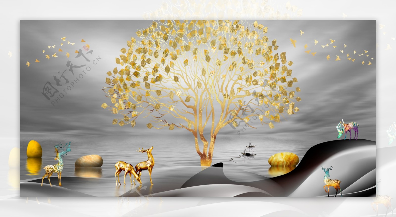 新中式金色黄色麋鹿装饰画