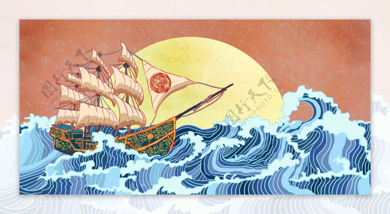 海浪波浪帆船古风传统背景素材