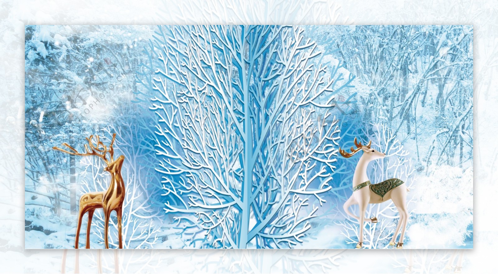 小鹿金色雪季墙贴壁画背景素材
