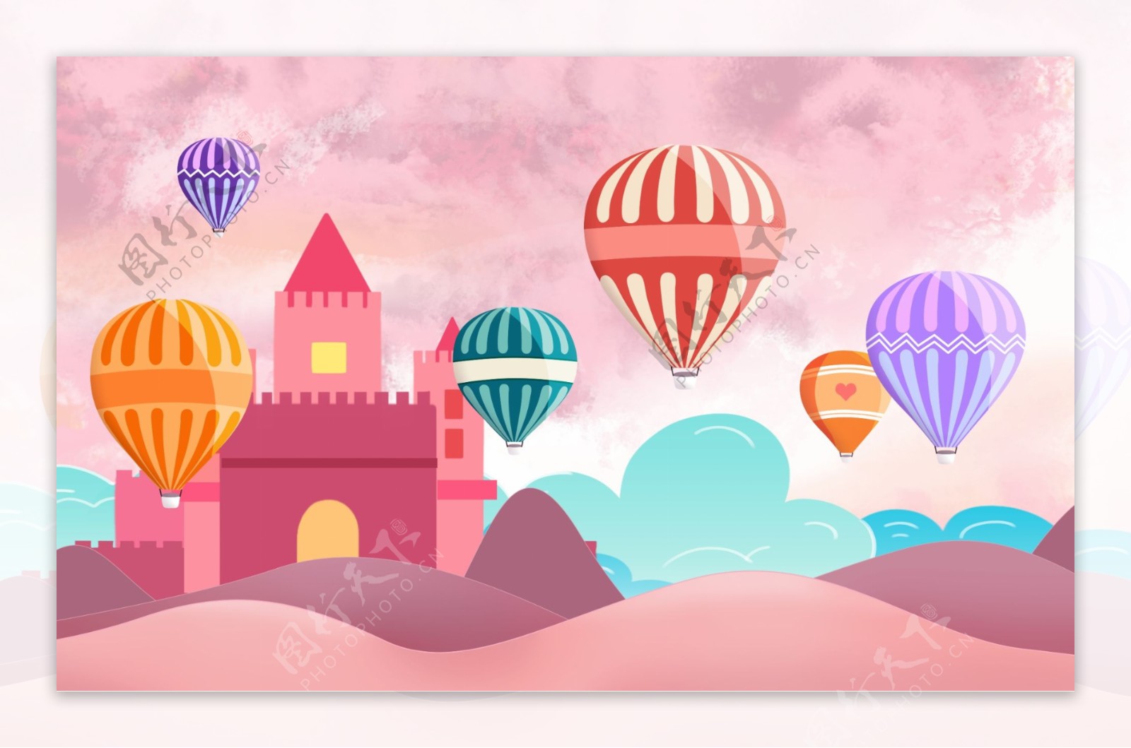 梦幻粉色热气球卡通壁画