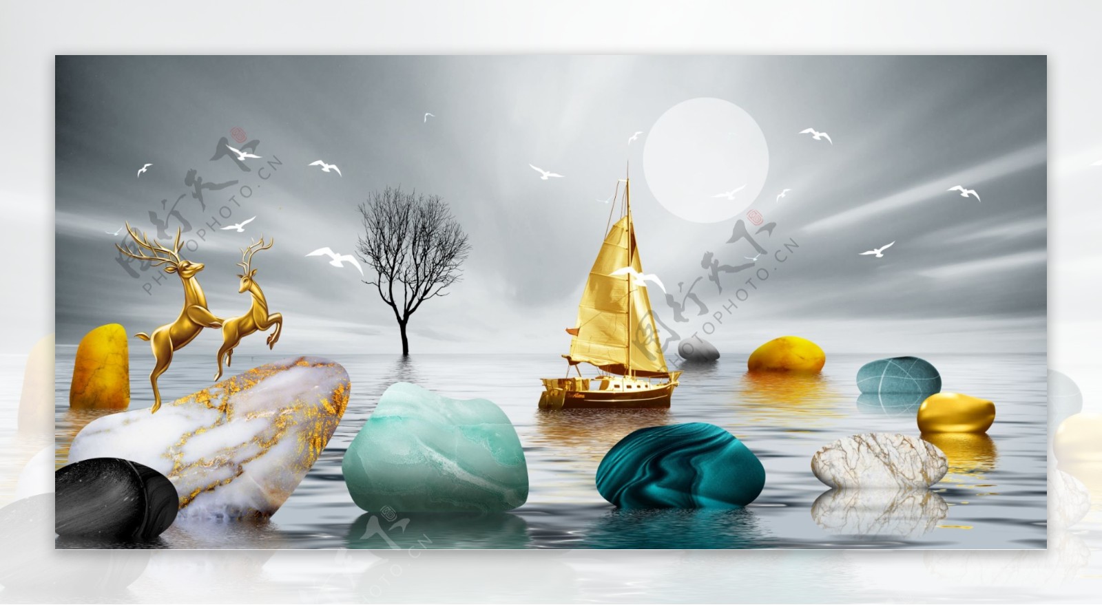 新中式金色麋鹿石头帆船装饰画
