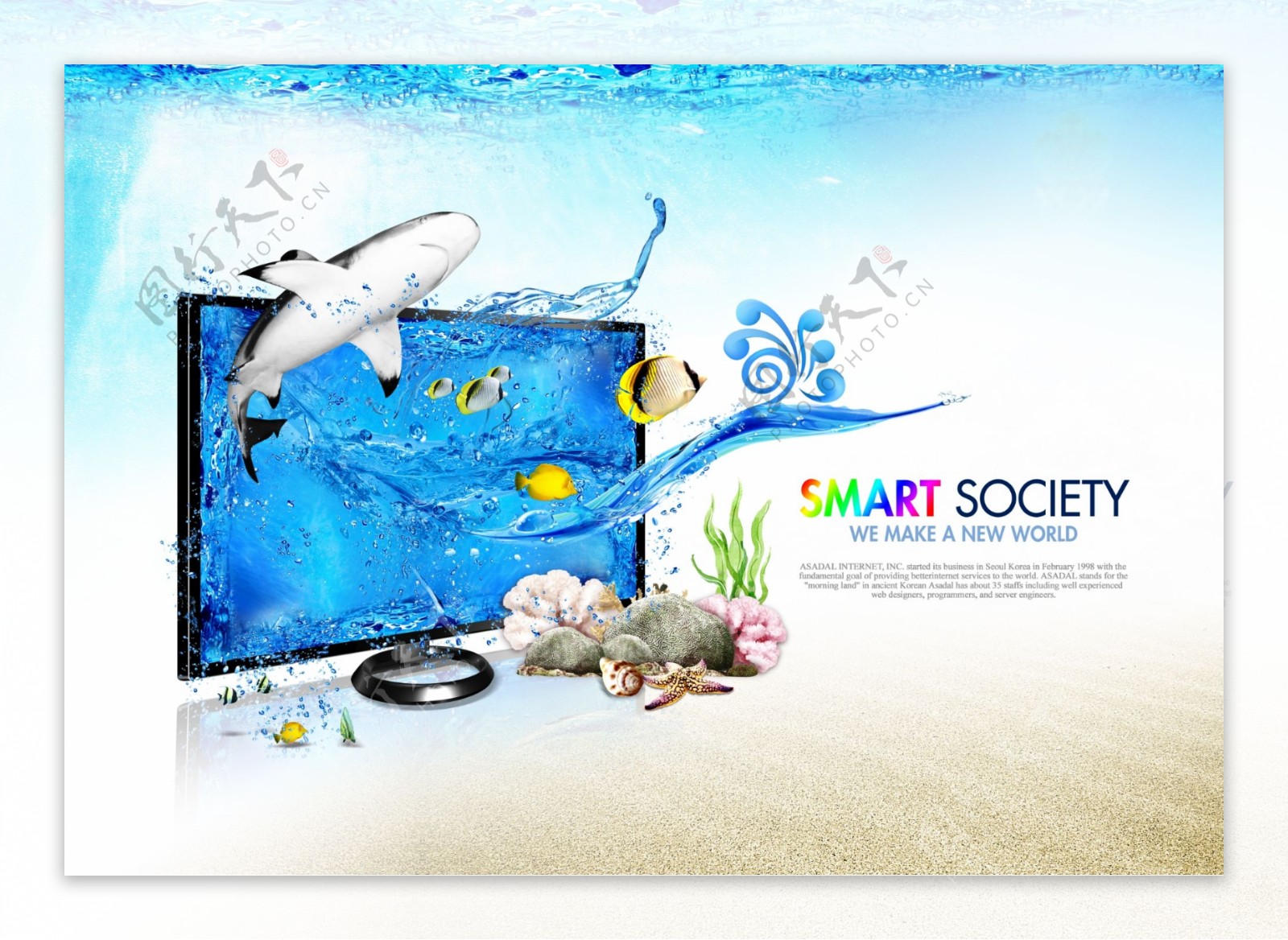 夏天海洋沙滩鲨鱼屏幕宣传海报