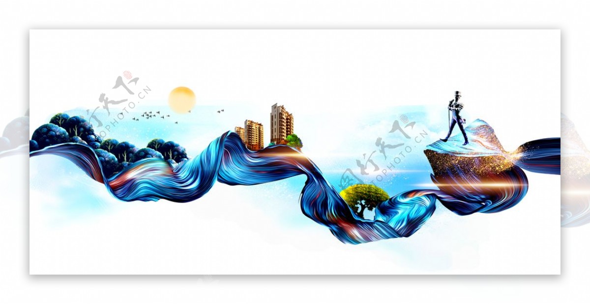 水彩山水画房地产海报设计背景图
