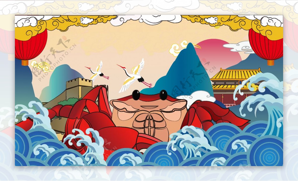 国风螃蟹插画图片
