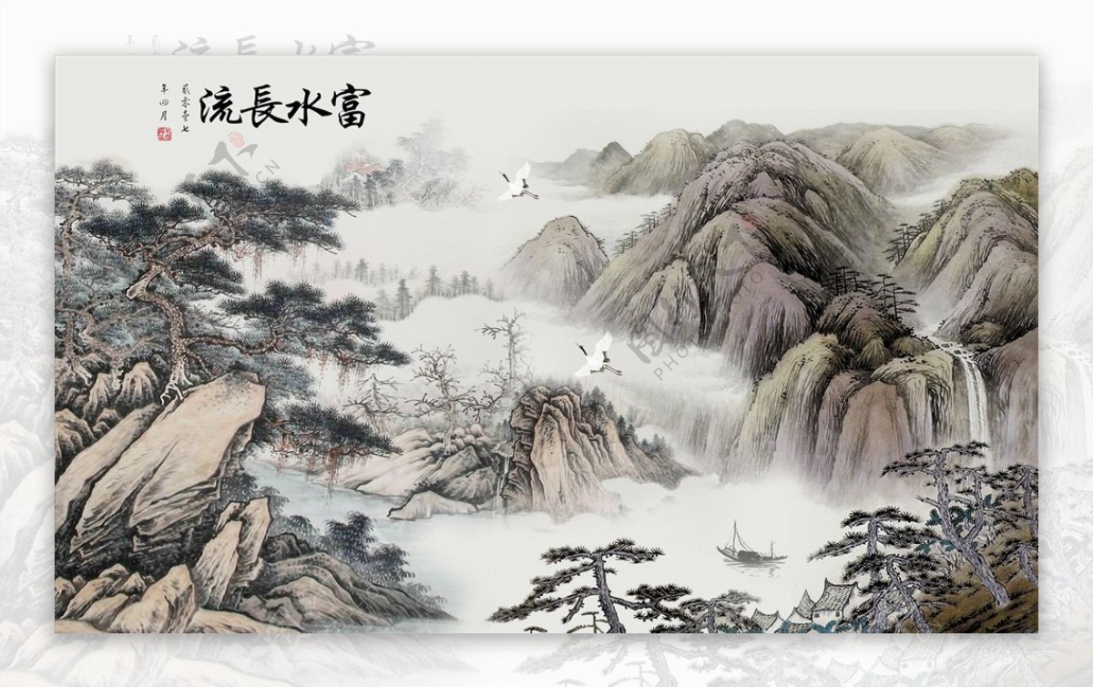 水墨山水树小船背景墙图片