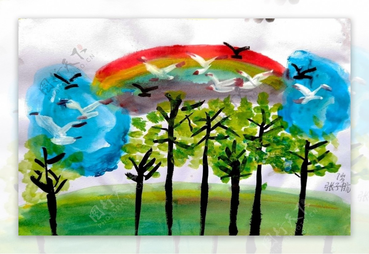 儿童水粉画风景画雨后的银杏林图片