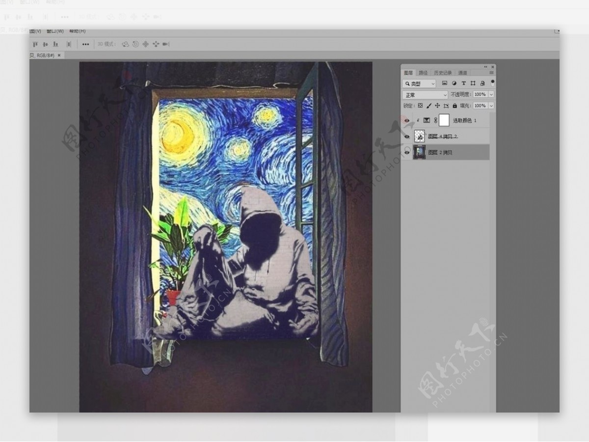 抽象涂鸦月亮星星窗台上的蒙面男图片