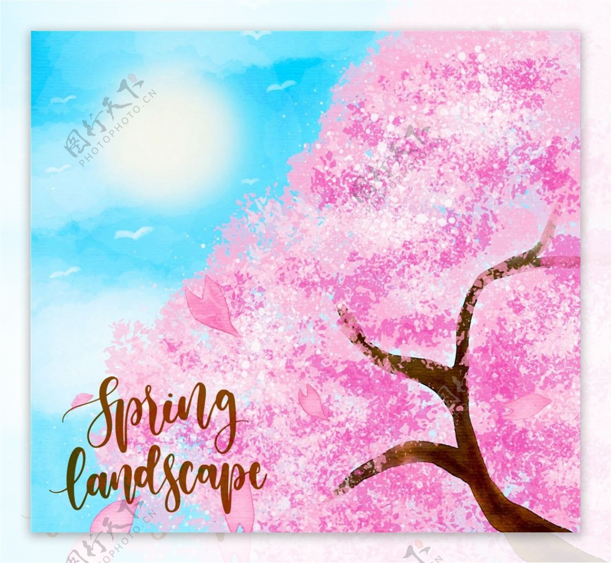 彩绘春季樱花树图片